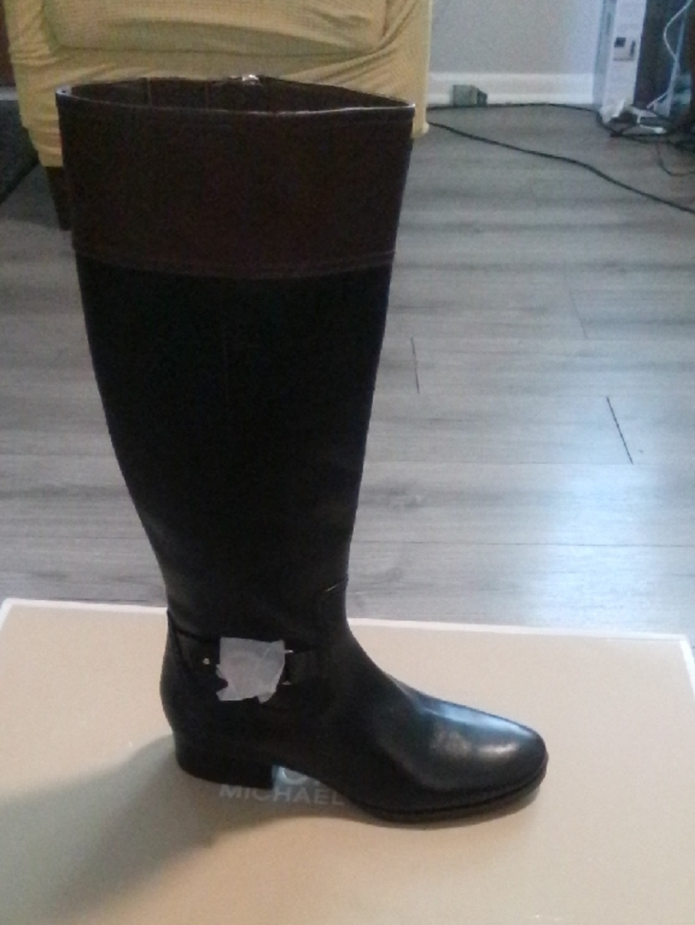 Michael Kors Black Riding Knee-High Leather Boot with Brown Cuff